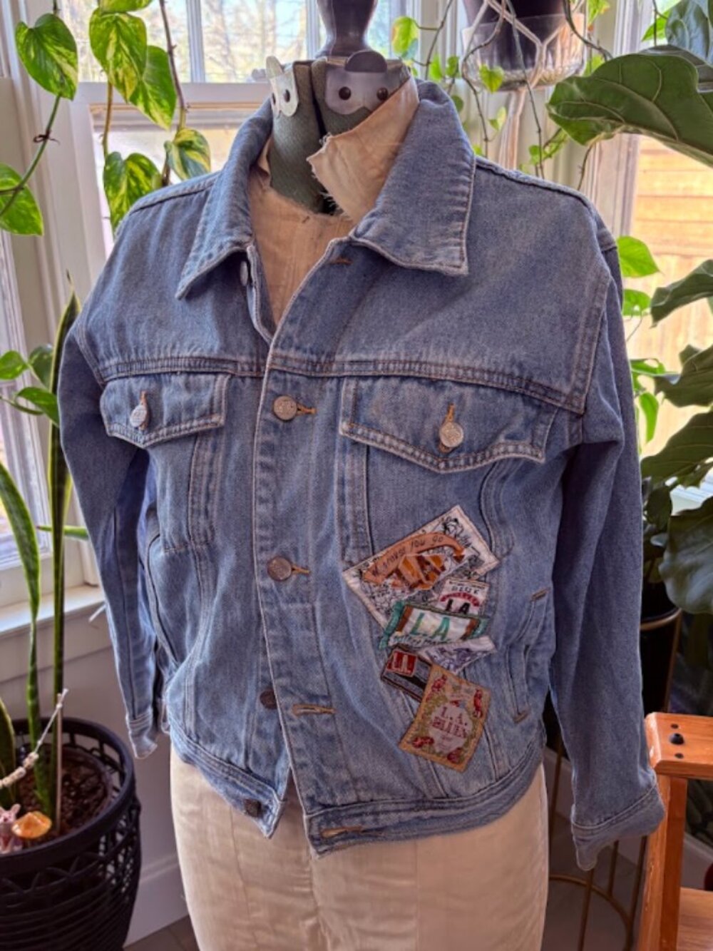 Y2K LA Blues Patchwork Jean Jacket Medium Wash Denim Size S